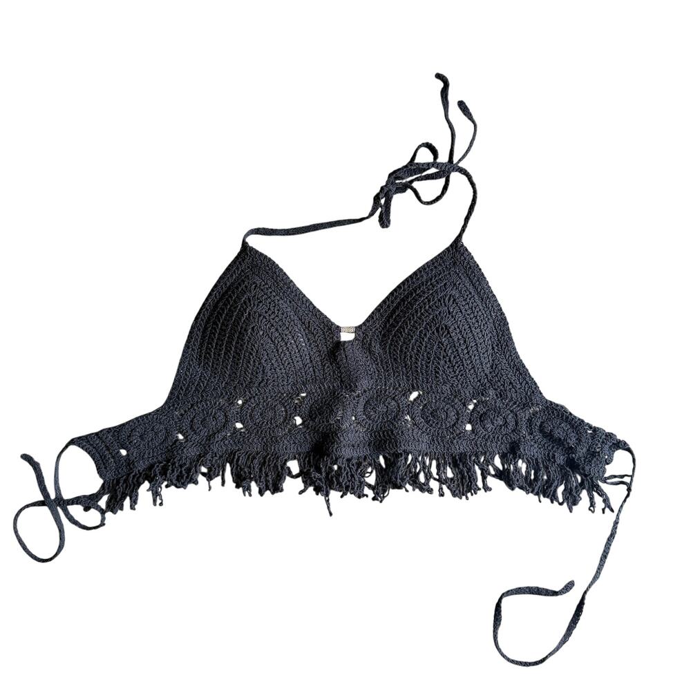 Sans Souci Black Crochet Tie Halter Top - Festival Fringe Boho - Women’s Size Sm